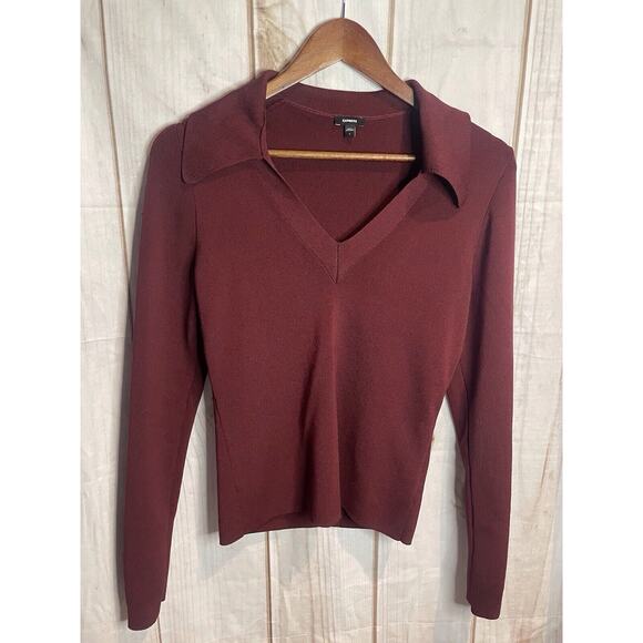 Express Maroon Long‎ Sleeve Large V Neck with Collar - Picture 1 of 3